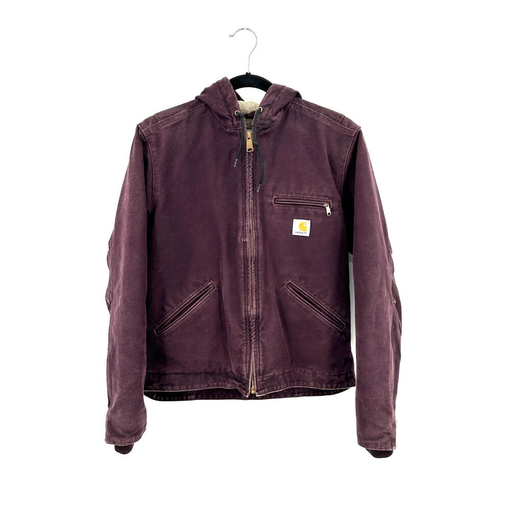 CARHARTT Women's Purple Canvas Sherpa Lined Distressed Full Zip Jacket Size XS